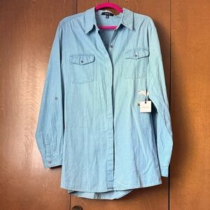 Active USA Los Angeles, NWT Blue Button-Up Shirt,  “Courage, dear one” on back